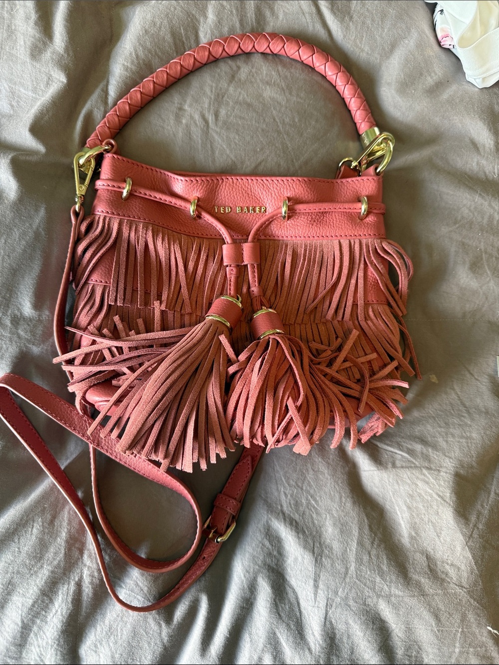 Ted Baker Coral Pink Fringe Leather Crossbody Bag